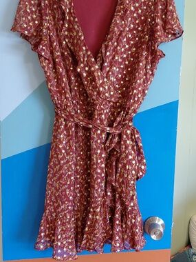 LC Lauren Conrad Rust Floral Wrap Midi Dress with Ruffle Hem,xl